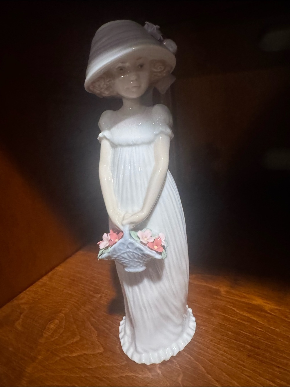 Lladro White Porcelain Girl Figurine with Pink Flower Basket